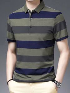 Summer New Polo Collar Polo Shirt Short Sleeve Men High-End Export Stripes Casual Business T-shirt Half Sleeve Tops