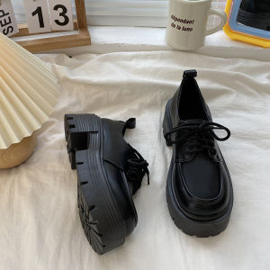 British Style Black Thick Bottom Small Leather Shoes Womens Spring New Chunky Heel Heightening Lace-Up Loafers Platform Flats