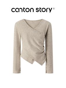 Cantonstory | Áo Thun Dài Tay V-Neck Kiểu Dệt Chéo Thiết Kế Retro Gọn Gàng