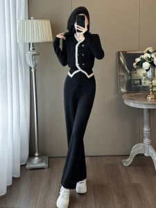 Elegant Black High Waist Womens Suiting Two-Piece Set High Fashion Spring 2025 Button-Up Long Sleeve V-Neck Workwear