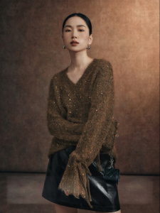 SUSHE | Elegant French Style Knit Sweater V-neck Sparkling Wool Blend