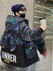 Kids Fleece Lined Parka Coat Boys Cotton Jacket Autumn Winter Warm Casual Style Zipper Closure Hooded Coat for Big Kids