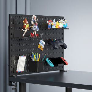 Standing office pegboard storage. No - drill clip - on desktop rack with numerous DIY accessories.