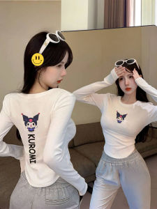 Retro American Print Long Sleeve Pure Cotton Womens T-shirt Spring New Style Slim Fit Base Layer Shirt round Neck Short Length