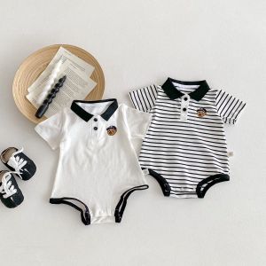 Summer baby clothes bodysuit super cute thin polo shirt for baby boys striped romper for 100 days.