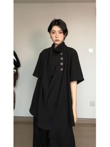 New Chinese Style Casual Short Sleeve Mens Shirt Summer Unique Design Asymmetrical T-Shirt High End Drapey Trendy Brand