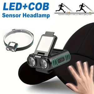 1Pack Sensor COB LED Headlamp with Cap Clip USB Rechargeable Battery Hands-Free Head Flashlight for Outdoor Work Fishing Camping