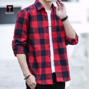 TAILOR เสื้อเชิ๊ตชายลายสก็อตตัดเย็บแขนยาวฤดูใบไม้ผลิและฤดูร้อนรัฟเฟียนเสื้อเชิ้ตผู้ชายแดงหล่อนักเรียนวัยรุ่นเสื้อคลุมรัดรูปสำหรับบุรุษเพรียวบาง