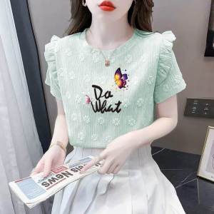 Casual round Neck Short Sleeve T-Shirt Women Summer Fashion Loose Slimming Ruffle Hem Top Korean Style Polyester Fiber