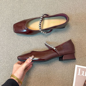 French Elegant Red Diamond Soft Leather Square Head Thick Heel Mary Jane Shoes Black Single Shoes Fashionable Commute Spring Autumn New Style