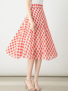 Summer 2025 Half-length Midi Skirt Red Plaid Chiffon Big Swing Dance Casual Holiday Women Skirts High Waist A-line Polyester