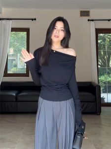 Black Long Sleeve One Shoulder T-Shirt Womens Style Slim Fit Fashionable Casual Commute Pure Color Spring Autumn New Arrival