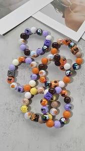 New Halloween Acrylic Bead Stretch Bracelet Multistyle Pumpkin Ghost Bat Spider Beaded  Stackable Bangle Party Costume Jewelry
