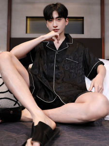 ชุดนอนผู้ชายผ้าไหมน้ำแข็งฤดูร้อน แขนสั้น บาง ไซส์ใหญ่ ชุดนอนผ้าฝ้ายผสมโพลีเอสเตอร์ 2 ชิ้น คอกลม สไตล์เรียบง่าย