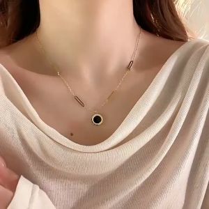 Kalung Titanium Wanita Trending Korea Style Model Terbaru Liontin Permata bulat hitam Anti Luntur