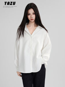 เสื้อเชิ้ตแขนยาวสีขาวสำหรับผู้หญิง ทรงหลวมสบายๆ ฤดูใบไม้ผลิ 2025 เสื้อเชิ้ตแขนยาวทรงหลวมสบายๆ สำหรับผู้หญิง