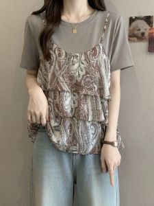 SHIMANQING | Fake Two-Piece Printed Short-Sleeve Big Size Loose Tummy Concealing Ruffled Shirt