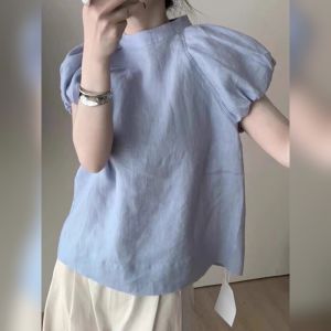 YUFUQING | French Vintage Blue Collared Cotton Lin Short Sleeve Bubble Sleeve Round Neck Loose Fit Top Fashionable Design Spring Summer