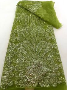 Luxury African Heavy Beaded Tulle Lace Fabric High Quality Nigerian Sequins 5 Yards for Wedding Dress
