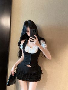 GUZILIAN | Color Block Shirt One Shoulder Button Up Spicy Girl Style Short Sleeve Commute Fashion Slim Fit Korean Brand T-Shirt