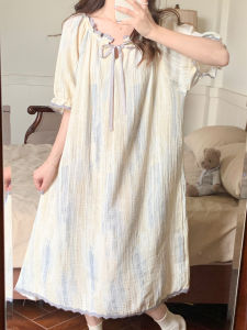 Striped Bubble Cotton Sleep Dress Womens Short Sleeve V-Neck Loose Summer Sleepwear Casual Home Sweet Style Long Skirt