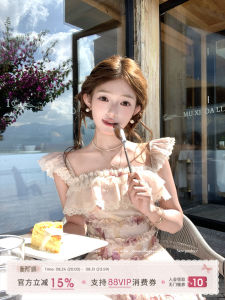 Mid-length Lace Fly-sleeve Flounce Ruffled Waist-defining Summer Dress