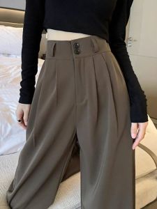 Brown Coffee Color High Waist Womens Suit Pants Draping Spring Autumn 2025 New Small Size Straight Leg Wide Leg Trousers