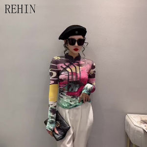 REHIN Womens top Plate buckle standing collar long-sleeved T-shirt printed bottoming European  style blouse