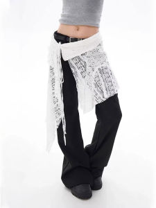 กระโปรงยาวปานกลางผ้าลูกไม้ลายไม่สมมาตรไซส์ใหญ่สำหรับผู้หญิง กระโปรงทรงเอเอวสูง ผ้าโปร่ง สไตล์ย้อนยุค ฤดูร้อน