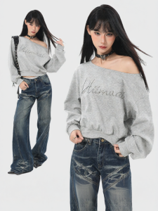ARCG | Gray Off Shoulder Crop Sweatshirt Spring Design