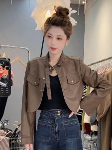 เสื้อแจ็คเก็ตหนังสั้นคอตั้งสไตล์มอเตอร์ไซค์แบบลำลองสำหรับฤดูใบไม้ร่วงและฤดูหนาวปี 2025 เสื้อคลุมกันหนาวแบบอเนกประสงค์ที่สวมใส่ได้หลากหลาย