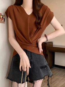 Áo Thun Nữ Cổ Chữ V Thắt Nơ Ôm Eo Màu Trơn Thời Trang Mùa Hè 2025 Phong Cách Mới Cao Cấp Thanh Lịch