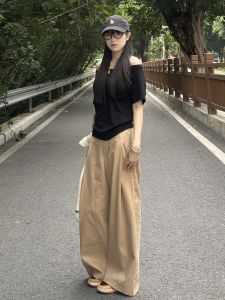 Quần Ống Rộng Xếp Ly Màu Kaki Cạp Cao Cho Nữ Mùa Hè Quần Ống Rộng Rộng Rãi Thoải Mái Dài Đến Mắt Cá Chân