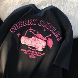 100% Cotton Cherry Short-sleeved T-shirt Mens Summer Loose All-match American Retro Couple Trendy Brand T-shirt Women Ins Tide