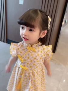 223Little DR Cheongsam Kids Girls Summer Dress Floral Skirts Chinese New Years Skirts Blue qipao Hanfu Clothes Yellow Princess Short Sleeve Dress 2024 INS 10 Years