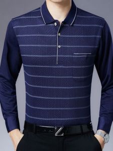 Loose Fit Long Sleeve Polo Shirt for Men Autumn Spring Season Slimming Base Layer T-Shirt Striped Dad Construction Wear