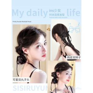 Womens Fake Hair Bun Headband Simulated Hair Double Bun Flower Head Butterfly Knot Updo Hair Accessory Braided Hair