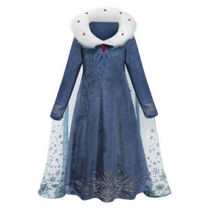 Girls Elsa Queen Costume Velvet Dress with Detachable Cape Faux Fur Collar Frozen Luxurious Birthday Halloween Party Outfit