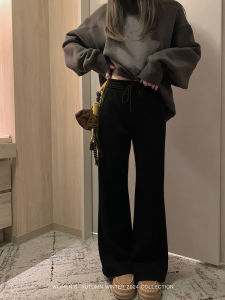 กางเกงขายาวทรงหลวมเอวยางยืดสีดำสไตล์ย้อนยุคสำหรับผู้หญิง กางเกงขายาวทรงหลวมสไตล์ลำลอง ทรงหลวม กางเกงขายาวทรงลำลอง