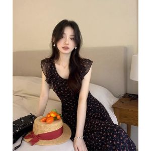 HYKY French Style Sweet First Love Floral Print Slim Fit Summer Dress Womens Short Sleeve Dress Commute Korean Version