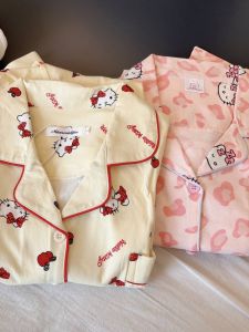 Summer Sleepwear Womens New Thin Cotton Cartoon Cute Kitty Cat Student Casual Open Cardigan Short Sleeve Shorts Home Clothes