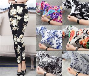 ฤดูใบไม้ผลิฤดูใบไม้ร่วงดอกไม้ที่มีสีสันลายตัวอักษร Frosted ผ้าไหมนุ่ม Slimming Elastic กางเกงขายาวสตรีกางเกง