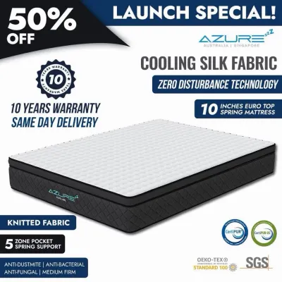 Azure™ Cooling Gel | Pocketed Spring Mattress |10 Inch Quality Euro Top | Single Super Single Queen King Mattress|