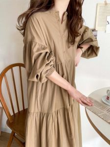 ชุดเดรสยาวแขนยาวผ้าฝ้ายลินินสไตล์เกาหลีฤดูใบไม้ร่วงเริ่มต้นสีพื้นแขนโคมไฟทรงตรง