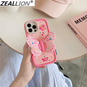 Zeallion Fashion Pink Butterfly Design Soft Silicone Phone Case For [Apple iPhone 14 13 12 11 Pro Max ] Shockproof Cover with Holder