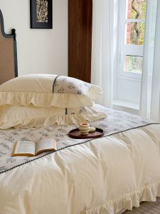 ชุดผ้าคลุมเตียงฝรั่งเศสสไตล์วินเทจ ผ้าฝ้ายซักได้ ขอบลูกไม้ ชุดผ้าคลุมเตียง 4 ชิ้น ผ้าฝ้าย ผ้าฝ้ายโพลีเอสเตอร์ ขอบลูกไม้