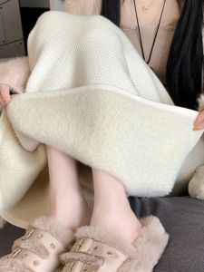 White Knitted Fleece Lined Asymmetrical High Waist Thickened A-Line Mini Skirt for Women Spring Autumn Winter Straight Cut Bodycon Skirt