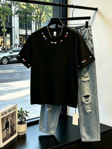Black Collar Colorful Embroidery Summer Mens Americana Design Cleanfit T-Shirt