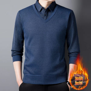 Mens Fleece Lined Thickened Shirt Collar Knitted Sweater Warm Base Layer Business Casual Autumn Winter Middle Aged And Elderly