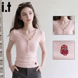 FINGERCROXX | Pink V-Neck Slim Fit Short Sleeve T-Shirt For Women Summer